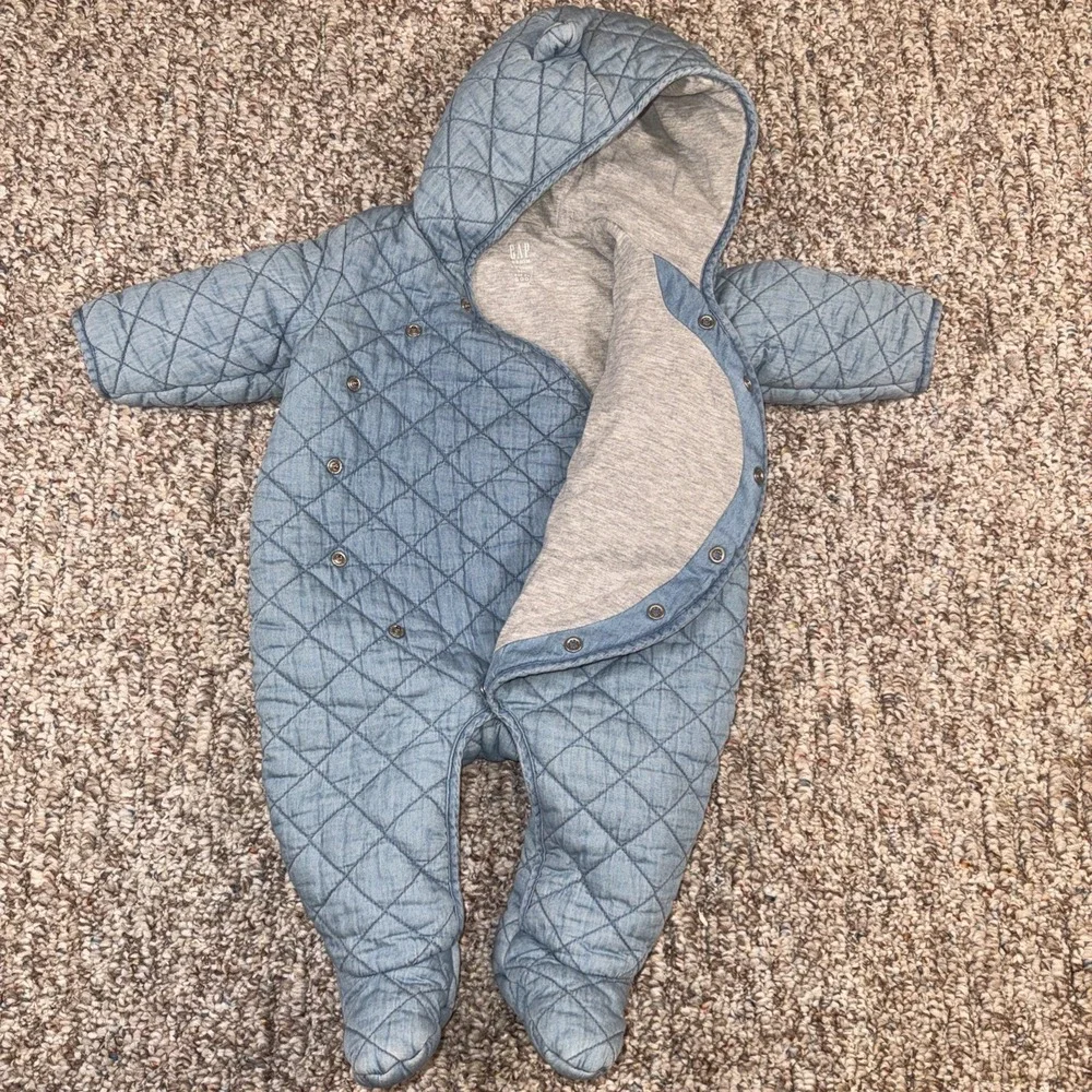Baby Gap Qulited Chambray Bear Light Blue One-Piece Warm Winter Outfit 3-6 Month